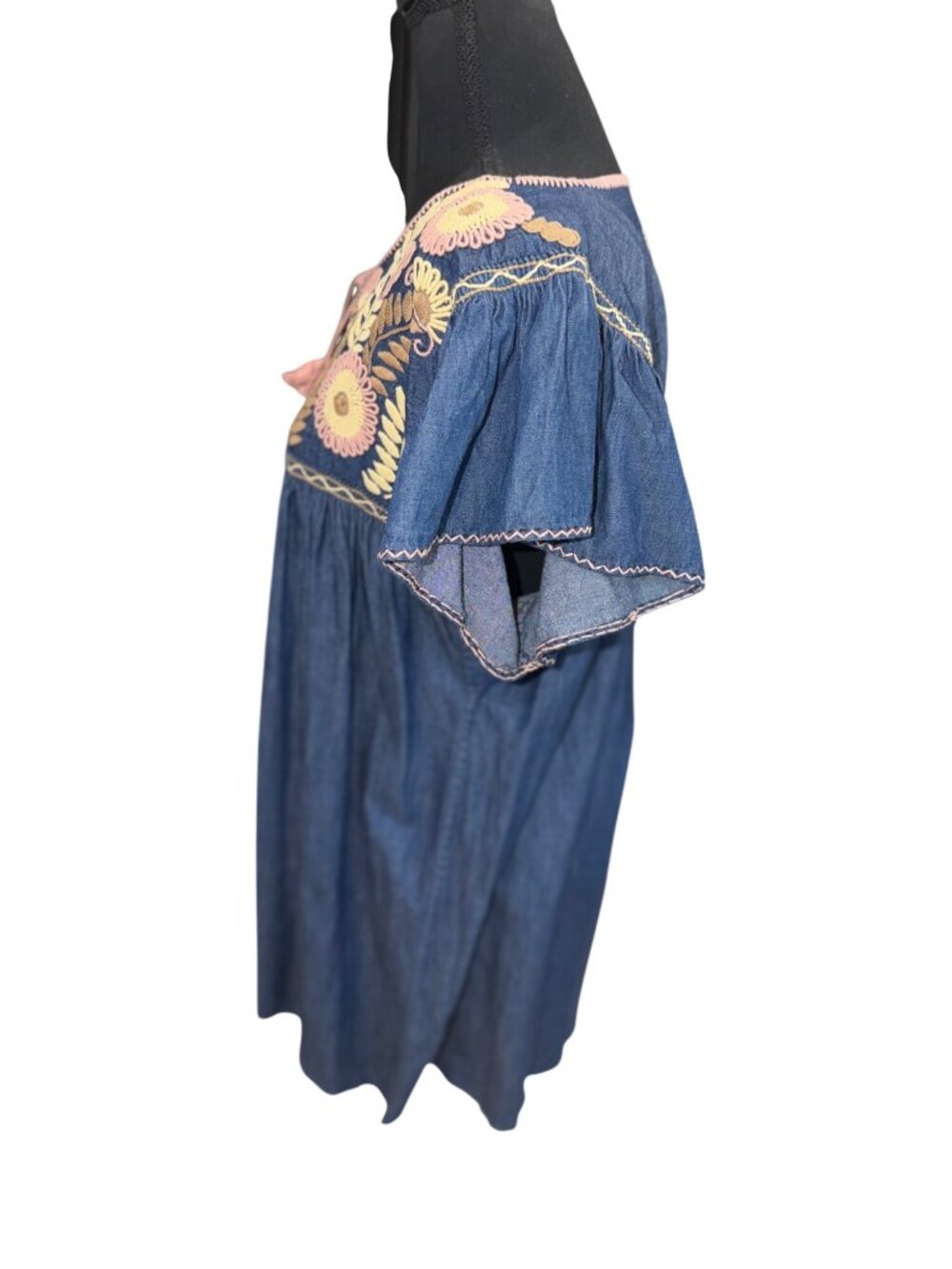 Denim Tunic Top Boho Santa Fe Western Floral Embroidery Flutter Sleeves Womens M - Picture 8 of 8
